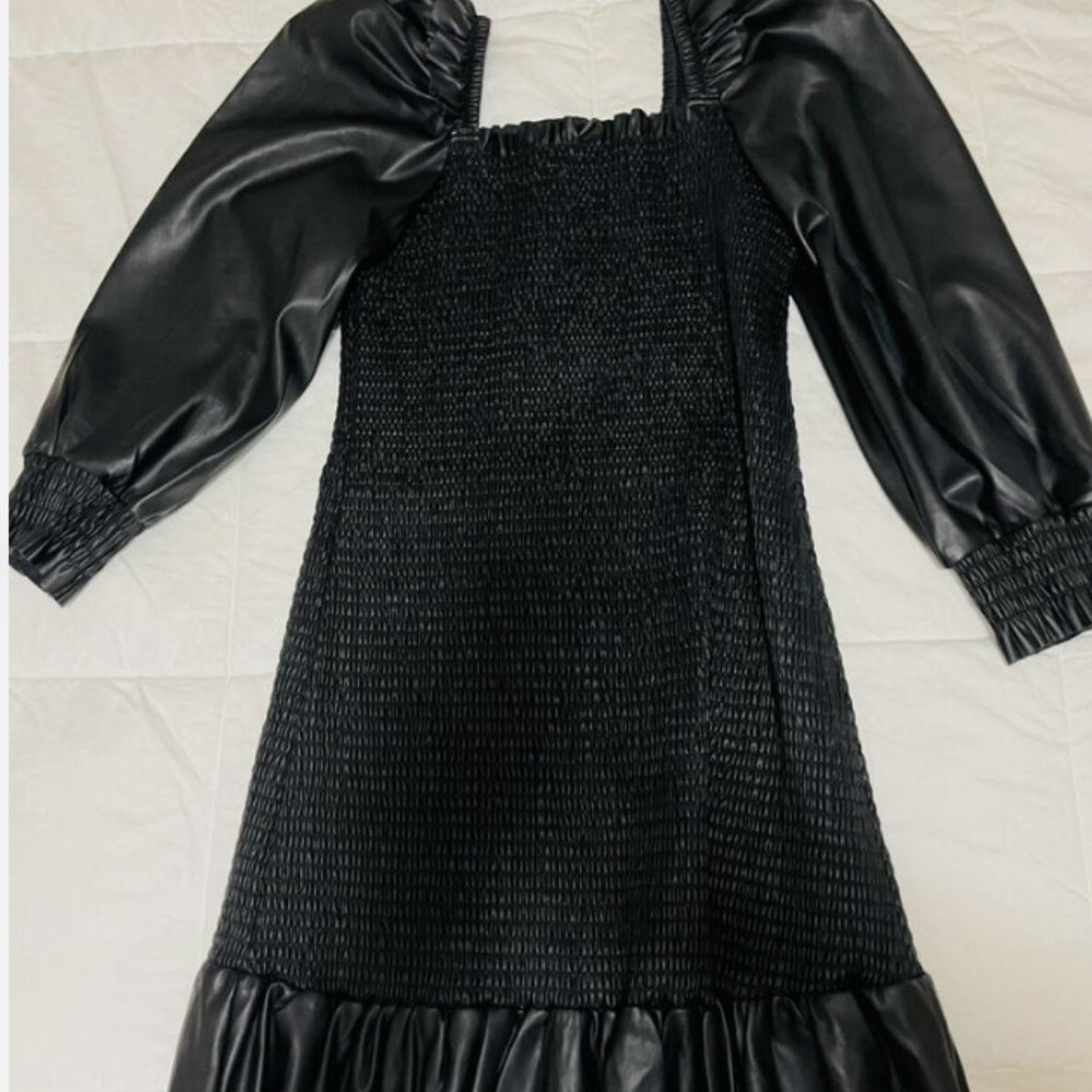 7 For All Mankind Faux Leather Smocked Ruffle Trim Mini Dress Sz S Black NWOT